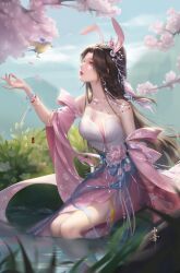 Rule 34 | 1girl, absurdres, animal ears, artist request, bare legs, bare shoulders, bird, blue sky, bracelet, braid, brown hair, cherry blossoms, closed mouth, cloud, douluo dalu, dress, flower, from side, grass, hair ornament, highres, jewelry, long hair, mountain, necklace, pink dress, rabbit ears, second-party source, sky, solo, xiao wu (douluo dalu)