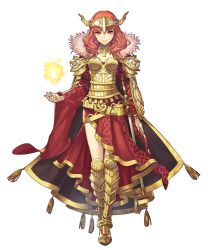 Rule 34 | 1girl, alternate costume, armor, armored boots, belt, boobplate, boots, breastplate, breasts, cape, celica (fire emblem), cleavage, earrings, female focus, fire emblem, fire emblem echoes: shadows of valentia, fire emblem heroes, full body, fur trim, hairband, highres, jewelry, long hair, magic, matching hair/eyes, nintendo, official art, red eyes, red hair, shield, solo, sword, transparent background, umiu geso, weapon