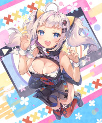 Rule 34 | 1girl, :d, ahoge, bare arms, bare shoulders, black footwear, black shirt, black skirt, blue eyes, blush, breasts, cleavage, cleavage cutout, clothing cutout, commentary request, d-pad, d-pad hair ornament, floating hair, full body, hair ornament, hairclip, hands up, kaguya luna, long hair, looking at viewer, medium breasts, miniskirt, obi, open mouth, red thighhighs, ribbon, sash, shirt, shoes, sidelocks, silver hair, skirt, sleeveless, sleeveless shirt, sleeveless turtleneck, smile, solo, star (symbol), teeth, the moon studio, thighhighs, turtleneck, twintails, upper teeth only, virtual youtuber, white ribbon, wrist ribbon, yeonwa
