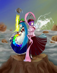 Rule 34 | 2girls, absurdres, apron, back-to-back, black hat, blouse, blue dress, blue hair, boots, bow, brown footwear, chongtian yixiao shualuanfei, closed mouth, cloud, cross-laced footwear, dress, electricity, energy, fire, flaming sword, flaming weapon, floating, food, frills, fruit, gloves, hat, highres, hinanawi tenshi, keystone, leaf, long hair, looking at viewer, multiple girls, nagae iku, peach, puffy short sleeves, puffy sleeves, purple hair, rainbow order, red eyes, rock, rope, shawl, shide, shimenawa, shirt, shoes, short sleeves, sky, standing, sword, sword of hisou, tassel, touhou, very long hair, weapon, white shirt