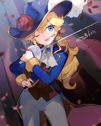 Rule 34 | 1girl, absurdres, blonde hair, blue eyes, blue hat, earrings, flower, hanaon, hat, hat feather, highres, holding, holding sword, holding weapon, jewelry, long hair, low ponytail, mario (series), nintendo, official alternate costume, official alternate hairstyle, one eye closed, pants, petals, ponytail, princess peach, princess peach: showtime!, rapier, rose, rose petals, smile, solo, sword, swordfighter peach, weapon, white pants