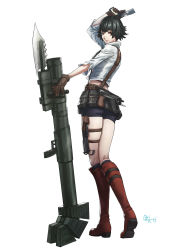 Rule 34 | 1girl, arm up, black hair, blue eyes, boots, brown gloves, capcom, devil may cry, devil may cry (series), devil may cry 3, gloves, grenade launcher, gun, handgun, heterochromia, highres, holding, holding gun, holding weapon, holster, holstered, lady (devil may cry), ozkh, pouch, red eyes, scar, scar on face, scar on nose, short hair, short shorts, shorts, signature, simple background, smile, solo, standing, weapon, white background