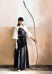 Rule 34 | 1girl, absurdres, archery, arrow (projectile), barefoot, black eyes, black hair, blurry, bow (weapon), dated, faux traditional media, full body, gloves, hakama, hakama skirt, highres, holding, holding weapon, indoors, japanese clothes, kyuudou, long hair, looking at viewer, muneate, original, partially fingerless gloves, partly fingerless gloves, photo-referenced, photorealistic, real life, real life insert, realistic, signature, single glove, skirt, solo, standing, tatami, toda erika, weapon, yotsuyu, yugake, yumi (bow)