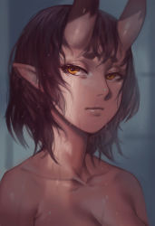 Rule 34 | 1girl, blurry, blurry background, breasts, brown hair, cleavage, closed mouth, collarbone, colored skin, depth of field, horns, kidouko (zakusi), looking at viewer, nude, oni, original, pointy ears, portrait, red oni, red skin, short hair, solo, wet, yellow eyes, zakusi