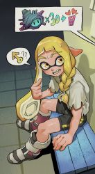 Rule 34 | 1boy, absurdres, androgynous, bike shorts, blonde hair, braid, chickenapple33, domino mask, eyebrow cut, fang, highres, inkling, inkling boy, inkling player character, love hotel, mars symbol, mask, nintendo, pointy ears, shirt, splatoon (series), splatoon 3, torn clothes, torn shirt, twintails, yellow eyes