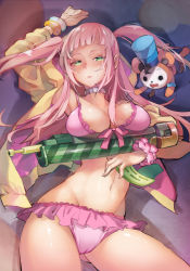 Rule 34 | 1girl, accessory (freedom wars), arm up, bear, bikini, blush, breasts, collar, freedom wars, ge-b, green eyes, gun, hat, jacket, large breasts, long hair, looking at viewer, lying, navel, on back, open clothes, open jacket, open mouth, pink hair, swimsuit, twintails, weapon