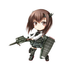Rule 34 | 10s, 1girl, bike shorts, bow (weapon), brown eyes, brown hair, chibi, crossbow, flight deck, headband, headgear, highres, kantai collection, kuena, short hair, simple background, solo, taihou (kancolle), weapon