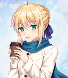Rule 34 | 1girl, :d, ahoge, artoria pendragon (all), artoria pendragon (fate), blonde hair, blue background, blue ribbon, blue scarf, braid, braided bun, coat, cup, fate/stay night, fate (series), gradient background, green eyes, hair between eyes, hair bun, hair ribbon, holding, official alternate costume, open mouth, ribbon, saber (fate), scarf, shino skk, short hair, smile, snowflakes, solo, steam, teacup, upper body, white coat