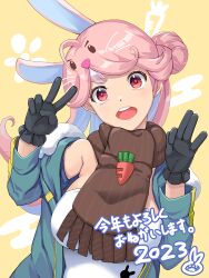 Rule 34 | 1girl, 2023, :d, animal ears, black gloves, blue hair, blue jacket, breasts, brown scarf, chinese zodiac, commentary request, dress, finger counting, fringe trim, fur-trimmed jacket, fur trim, gloves, hands up, head tilt, jacket, long hair, medium breasts, multicolored hair, nengajou, new year, off shoulder, open clothes, open jacket, open mouth, original, pink hair, rabbit, rabbit ears, red eyes, scarf, short eyebrows, smile, solo, strapless, strapless dress, teeth, thick eyebrows, two-tone hair, upper body, upper teeth only, wapokichi, white dress, year of the rabbit, yellow background