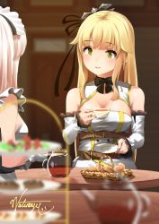 Rule 34 | 2girls, absurdres, artist name, aurora (azur lane), azur lane, bare shoulders, belfast (azur lane), blonde hair, blue eyes, blush, breasts, cleavage, commentary request, cup, detached sleeves, elbow gloves, frilled gloves, frills, gloves, green eyes, hair flaps, hair ornament, highres, holding, holding cup, large breasts, long hair, long sleeves, maid headdress, multiple girls, natsunoyuu, parted lips, sidelocks, signature, silver hair, sitting, smile, solo focus, teacup, teapot, very long hair, white gloves