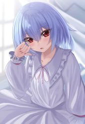 Rule 34 | 1girl, blurry, blurry background, blush, fang, hair between eyes, highres, indoors, looking at viewer, medium hair, nail polish, no headwear, no headwear, parted lips, puffy sleeves, purple hair, red eyes, red nails, remilia scarlet, solo, souyoru, touhou, window