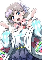 Rule 34 | 1girl, absurdres, blue eyes, blush, clenched hands, collarbone, commentary request, dress, frilled dress, frills, gradient dress, grey hair, hajimari wa kimi no sora, headphones, headphones around neck, highres, jacket, long sleeves, looking at viewer, love live!, love live! superstar!!, open clothes, open jacket, open mouth, purple dress, rinon42600, short hair, solo, tang keke, twitter username, upper body, white background, white dress, white jacket