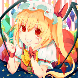 Rule 34 | 1girl, blonde hair, bow, head rest, crayon, flandre scarlet, grin, hat, hat bow, highres, red eyes, ribbon, short hair, side ponytail, smile, solo, striped, striped background, touhou, vertical stripes, wings, witoi (roa), wrist ribbon