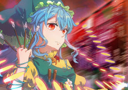 Rule 34 | 1girl, absurdres, apron, bangle, blue hair, bracelet, chisel, commentary request, danmaku, dress, flower, green apron, hair between eyes, hand up, haniyasushin keiki, head scarf, highres, jewelry, long hair, looking at viewer, magatama, magatama necklace, necklace, partial commentary, puffy short sleeves, puffy sleeves, red eyes, short sleeves, smile, solo, touhou, upper body, white flower, xiaoxiaoanye, yellow dress