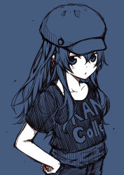 Rule 34 | 10s, 1girl, :o, alternate costume, blue theme, blush, cabbie hat, casual, clothes writing, contemporary, copyright name, hand on own hip, hands on own hips, hat, hibiki (kancolle), kantai collection, kouji (campus life), long hair, looking at viewer, monochrome, parted lips, personification, shirt, simple background, sketch, solo, spot color, t-shirt