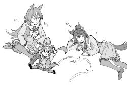Rule 34 | 3girls, aged down, animal ears, arm support, arms up, child, commentary request, frilled skirt, frills, greyscale, highres, hollow eyes, horse ears, horse girl, horse tail, jumping, long hair, long sleeves, lying, mary janes, monochrome, mouth hold, multiple girls, narita brian (umamusume), on side, ponytail, school uniform, shoes, sirius symboli (umamusume), sitting, skirt, stalk in mouth, tail, takatsuki nato, tokai teio (umamusume), tracen school uniform, umamusume