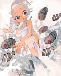 Rule 34 | 1girl, agent 8 (splatoon), ass, bodysuit, commentary, coral, cracked skin, fish, grey eyes, grey hair, highres, jelleton, li04r, long hair, looking at viewer, nintendo, octoling, octoling girl, octoling player character, open mouth, red eyes, splatoon (series), splatoon 3, splatoon 3: side order, swarming languendo, tentacle hair, white background, white bodysuit
