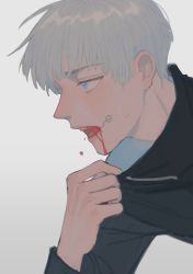 Rule 34 | 1boy, absurdres, black jacket, bleeding, blood, blood from mouth, collar grab, facial tattoo, high collar, highres, inumaki toge, jacket, jujutsu kaisen, li chestnuts, long sleeves, looking to the side, male focus, open mouth, profile, purple eyes, school uniform, short hair, simple background, solo, sweatdrop, tattoo