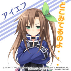 Rule 34 | 10s, 1girl, annoyed, blush, bow, brown hair, choker, crossed arms, female focus, green eyes, gust, hair bow, hair ornament, if (neptunia), jacket, long hair, lowres, neptune (series), nippon ichi, official art, open clothes, open jacket, simple background, solo, translated, tsunako, tsurime