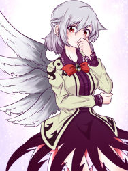 Rule 34 | 1girl, angel wings, benizuwai, blush, bow, bowtie, covering own mouth, dress, feathered wings, grey wings, hand on own face, hand over own mouth, jacket, jewelry, kishin sagume, long sleeves, looking at viewer, open clothes, open jacket, purple dress, red eyes, short hair, silver hair, simple background, single wing, solo, touhou, upper body, white background, wings