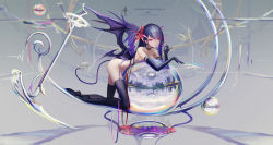 Rule 34 | 1girl, breasts, candy, chain, choker, collarbone, demon girl, demon tail, demon wings, elbow gloves, english text, flower, food, gloves, hair flower, hair ornament, highres, holding, lollipop, long hair, looking at viewer, medium breasts, nude, original, purple hair, red eyes, ribbon, solo, tail, thighhighs, two side up, wangchuan de quanyan, wings