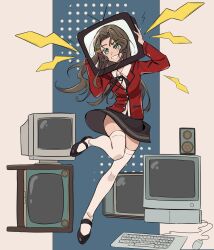 Rule 34 | 1girl, absurdres, black footwear, black ribbon, blue background, blue eyes, brown hair, chahu lililala, collared shirt, crt, full body, grey skirt, grin, hands up, highres, holding television, jacket, computer keyboard, knees up, leg up, light brown background, lightning bolt symbol, looking at viewer, mary janes, miniskirt, monitor, computer mouse, neck ribbon, parted bangs, red jacket, reverse:1999, ribbon, shirt, shoes, skirt, smile, solo, speaker, standing, standing on one leg, television, thighhighs, ttt (reverse:1999), two-tone background, white shirt, white thighhighs, zettai ryouiki