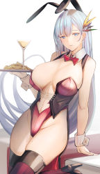 Rule 34 | 1girl, animal ears, azur lane, blue eyes, breasts, cleavage, drink, fake animal ears, hair ornament, highres, large breasts, long hair, looking at viewer, mole, mole on thigh, official alternate costume, parted lips, playboy bunny, rabbit ears, silver hair, simple background, solo, thighhighs, ticonderoga (azur lane), ticonderoga (show stopper!) (azur lane), tray, yusha m