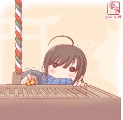 Rule 34 | 10s, 1girl, 2015, ahoge, architecture, blush, box, brown hair, checkered clothes, checkered scarf, coin, commentary request, dated, donation box, east asian architecture, gold, highres, kanon (kurogane knights), kantai collection, long sleeves, religious offering, scarf, shigure (kancolle), shrine, shrine bell, solo, temple, trembling, aged down