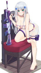 Rule 34 | 1girl, assault rifle, barefoot, bikini, blunt bangs, breasts, cleavage, closed mouth, collarbone, facial mark, full body, girls&#039; frontline, green eyes, gun, h&amp;k hk416, hair ornament, highres, hk416 (girls&#039; frontline), holster, knee up, large breasts, leaning forward, legs, long hair, popoman, rifle, simple background, smile, solo, stool, straight hair, swimsuit, thigh holster, thigh strap, thighs, weapon, weapon case, white background, white hair