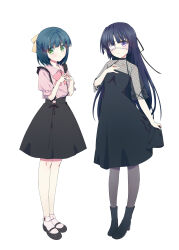 Rule 34 | 2girls, absurdres, alternate costume, arm at side, black dress, black footwear, black hair, black ribbon, black skirt, blunt bangs, blush, boots, bow, casual, closed mouth, collarbone, commentary, dress, floral print, frown, full body, green eyes, hair ribbon, half updo, halterneck, hand on own chest, hands up, high-waist skirt, highres, koshiki miyuki, little busters!, long hair, looking at viewer, mary janes, multiple girls, natsuoto rito, pink bow, pink shirt, puffy short sleeves, puffy sleeves, purple eyes, ribbon, rose print, see-through, see-through shirt, shirt, shoes, short hair, short sleeves, shy, side-by-side, simple background, skirt, skirt hold, sleeveless, sleeveless dress, socks, standing, steepled fingers, straight hair, suginami mutsumi, suspender skirt, suspenders, tachi-e, very long hair, white background, white socks, yellow ribbon