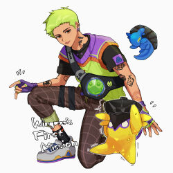 Rule 34 | 1boy, absurdres, animification, arm tattoo, black shirt, brown eyes, brown pants, creature, dizzy (valorant), fingerless gloves, gekko (valorant), gloves, green hair, green sweater, grey footwear, highres, looking down, male focus, nanana (syoki0916), open mouth, pants, plaid, plaid pants, purple gloves, shirt, shoes, short hair, smile, sneakers, solo focus, sweater, tattoo, valorant, wingman (valorant)