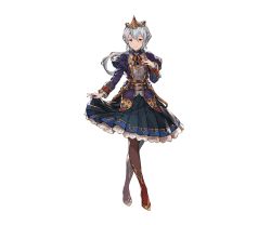 Rule 34 | 10s, 1girl, blue hair, brown eyes, character request, crown, detached sleeves, dress, full body, granblue fantasy, high heels, holding clothes, holding skirt, jewelry, juliet sleeves, long hair, long sleeves, looking at viewer, minaba hideo, orchis, pantyhose, puffy sleeves, skirt, smile, solo, standing, transparent background