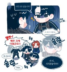 Rule 34 | 4boys, black eyes, black hair, black shirt, chibi, closed eyes, collared shirt, comic, commentary request, deepblue1059, eoduun badaui deungbul-i doeeo, kim jaehee, kneeling, korean commentary, korean text, long sleeves, looking at another, lying, male focus, multiple boys, no mouth, on back, open mouth, park moo-hyun, parted bangs, red hair, shin hae-ryang, shirt, short hair, shouting, simple background, speech bubble, standing, striped clothes, striped shirt, tears, translation request, turn pale, vertical-striped clothes, vertical-striped shirt, white background