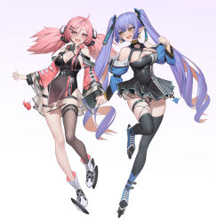 Rule 34 | 2girls, absurdres, blush, breasts, cleavage, clothing cutout, dress, full body, gradient background, hair between eyes, hair ornament, hairclip, hand grab, highres, large breasts, long hair, multiple girls, original, pink eyes, pink hair, pleated dress, pointy ears, purple hair, roller skates, shoulder cutout, simple background, single thighhigh, skates, skin tight, teeth, thigh strap, thighhighs, twintails, upper teeth only, xzu, yellow eyes