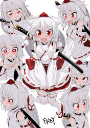 Rule 34 | 1girl, :&lt;, ?, angry, animal ears, artist name, blush, blush stickers, breasts, crying, crying with eyes open, detached sleeves, drooling, expressions, fkey, frown, hat, heart, heart-shaped pupils, highres, inubashiri momiji, looking at viewer, multiple views, open mouth, penetration gesture, pom pom (clothes), pout, red eyes, red skirt, ribbon-trimmed sleeves, ribbon trim, sash, sheath, sheathed, shield, simple background, skirt, smile, sword, symbol-shaped pupils, tears, thighhighs, tokin hat, tongue, tongue out, touhou, weapon, white background, white hair, white thighhighs, wolf ears