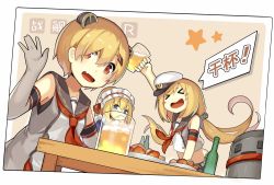 Rule 34 | &gt; &lt;, 3girls, :d, admiral scheer (warship girls r), alcohol, alternate costume, animal ears, armpits, beer, beer mug, blonde hair, blue eyes, blush, blush stickers, bottle, breasts, chinese text, cup, deutschland (warship girls r), drunk, dutch angle, elbow gloves, enmaided, closed eyes, fake animal ears, fang, frills, gloves, graf spee (warship girls r), hair ornament, hair over one eye, hairclip, hat, lino-lin, long hair, low twintails, maid, maid headdress, midriff, military, military hat, military uniform, mug, multiple girls, open mouth, ponytail, red eyes, sailor collar, shirt, short hair, sleeveless, sleeveless shirt, small breasts, smile, speech bubble, table, text focus, twintails, uniform, warship girls r, waving, white shirt