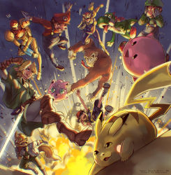 Rule 34 | 1girl, 6+boys, absurdres, baseball cap, black eyes, body armor, boots, brown footwear, captain falcon, commentary, creature, creatures (company), donkey kong, donkey kong (series), edo-sama, english commentary, explosion, f-zero, falling, fox mccloud, furry, game freak, gen 1 pokemon, green hat, hat, highres, huge filesize, jigglypuff, jumping, kirby, kirby (series), link, luigi, lying, mario, mario (series), metroid, mother (game), mother 2, multiple boys, necktie, ness (mother 2), nintendo, on stomach, overalls, pikachu, pokemon, pokemon (creature), red hat, red neckwear, samus aran, star fox, super smash bros., tears, the legend of zelda, the legend of zelda: ocarina of time, yoshi
