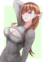 1girl alternate_costume border breasts brown_eyes brown_hair cleavage_cutout clothing_cutout green_background grey_sweater highres kantai_collection large_breasts long_hair looking_at_viewer meme_attire ooi_(kancolle) open-chest_sweater ribbed_sweater shamo_(ptwmjgda) signature simple_background solo sweater white_border