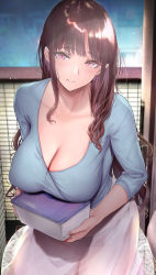 Rule 34 | 1girl, absurdres, bento, blouse, blue shirt, blush, breast rest, breasts, brown hair, carried breast rest, carrying, cleavage, closed mouth, collarbone, commentary request, doorway, gentsuki, highres, large breasts, long hair, long skirt, mature female, original, panties, pink eyes, see-through, see-through skirt, shirt, side-tie panties, skirt, smile, solo, string panties, underwear, white skirt