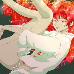 Rule 34 | 1other, alternate costume, androgynous, colored eyelashes, crystal hair, fetal position, gem, houseki no kuni, knees up, long hair, looking at viewer, padparadscha (houseki no kuni), red eyes, red hair, smile, solo, wavy hair