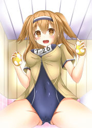 Rule 34 | 10s, 1girl, bathroom, breasts, cameltoe, gluteal fold, hairband, highres, i-26 (kancolle), kantai collection, light brown hair, long hair, looking at viewer, name tag, new school swimsuit, one-piece swimsuit, open clothes, open mouth, sailor collar, school swimsuit, short sleeves, sitting, smile, soap, solo, spread legs, swimsuit, swimsuit under clothes, two-tone hairband, two side up, wariza, yuuki miyabi