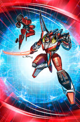 Rule 34 | 2022, artist name, clenched hands, decepticon, flying, glowing, glowing eyes, head tilt, highres, holding, holding sword, holding weapon, jetstormsifuentes, looking at viewer, mecha, open hand, orange eyes, red eyes, robot, shoulder cannon, smile, starscream, swindle (transformers), sword, transformers, transformers armada, weapon, western comics (style)
