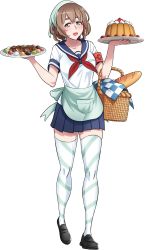 Rule 34 | 1girl, absurdres, amai odayaka, apron, brown hair, cake, flustered, food, full body, green eyes, happy, highres, kjech, official art, open mouth, school uniform, short hair, smile, solo, striped clothes, striped thighhighs, thighhighs, transparent background, yandere simulator, zettai ryouiki