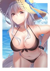 Rule 34 | 1girl, absurdres, arknights, bare arms, bare shoulders, bikini, black bikini, blue bow, blue sky, bow, cloud, collarbone, cowboy shot, day, front-tie bikini top, front-tie top, gluteal fold, hair between eyes, halterneck, hand on own hip, hat, hat bow, highres, leaning forward, long hair, looking at viewer, navel, outdoors, pink eyes, silver hair, sing shuixing, skadi (arknights), sky, solo, stomach, striped, striped bow, sun hat, swimsuit, very long hair, water