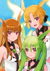 Rule 34 | 3girls, bare shoulders, black bow, blonde hair, blush, bow, braid, brown hair, closed mouth, commentary request, crown braid, dress, fate/grand order, fate (series), geirskogul (fate), green hair, hair between eyes, hair bow, head wings, highres, long hair, looking at viewer, matsui haru, multiple girls, olrun (fate), open mouth, parted bangs, red eyes, rindr (fate), short hair, siblings, sisters, sleeveless, sleeveless dress, twintails, twitter username, valkyrie (fate), very long hair, white dress, wings