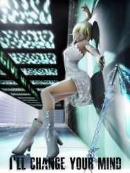Rule 34 | 1girl, 3d, blonde hair, blue eyes, boots, dress, english text, high heel boots, high heels, keyblade, kingdom hearts, kingdom hearts ii, legs, long hair, looking at viewer, monty oum, namine, solo, weapon, white dress