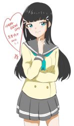 Rule 34 | 1girl, aqua eyes, artist name, artist request, bare legs, black hair, blunt bangs, blush, breasts, buttons, collarbone, female focus, floating hair, green eyes, green neckerchief, green necktie, grey sailor collar, grey skirt, hair ornament, hairclip, hand on elbow, heart, heart (symbol), heart print, highres, kurosawa dia, layered skirt, long hair, long sleeves, looking at viewer, love live!, love live! sunshine!!, miniskirt, mole, mole under mouth, neckerchief, necktie, parted lips, plaid, plaid skirt, pleated, pleated skirt, sailor collar, school uniform, skirt, small breasts, smile, solo, sweater, tie clip, uranohoshi school uniform, white background, yellow sweater