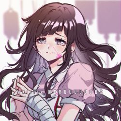 Rule 34 | 1girl, apron, artist name, bandaged arm, bandages, blood, blood on face, blush, breasts, commentary, criis-chan, crying, crying with eyes open, danganronpa (series), danganronpa 2: goodbye despair, long hair, looking at viewer, mole, mole under eye, open mouth, pink background, pink blood, shirt, short sleeves, solo, symbol-only commentary, tears, tsumiki mikan, upper body, white background