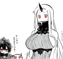 Rule 34 | 10s, 3girls, abyssal ship, black hair, bonnet, bow, breasts, collar, comic, commentary request, covered mouth, detached sleeves, embarrassed, gothic lolita, horns, isolated island oni, kantai collection, large breasts, lolita fashion, long hair, meme attire, multiple girls, northern ocean princess, open mouth, orange eyes, ribbed sweater, seaport princess, sidelocks, single horn, sweatdrop, sweater, translated, unamused, virgin killer sweater, white background, white hair, yuzuki gao