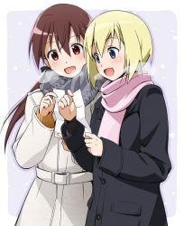 Rule 34 | 2girls, :d, belt, blonde hair, blue eyes, blush, breath, brown eyes, brown hair, buckle, coat, erica hartmann, gertrud barkhorn, long hair, multiple girls, omikuji, open mouth, paper, scarf, short hair, smile, snowing, strike witches, twintails, world witches series, youkan